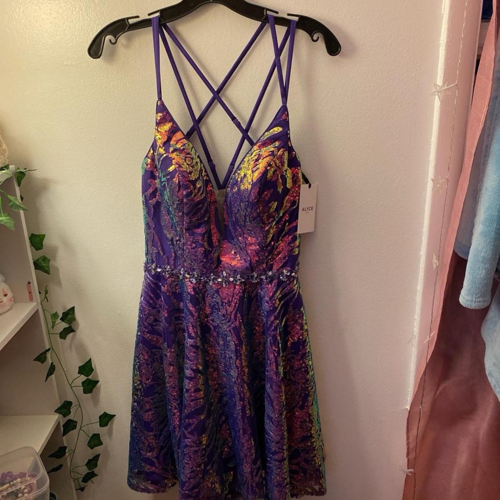 Purple Holographic sequined homecoming dress!! Never worn brand new with tags!!